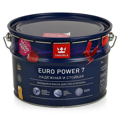 TIKKURILA EURO POWER 7 краска моющаяся для стен и потолка, матовая, база A 9 л