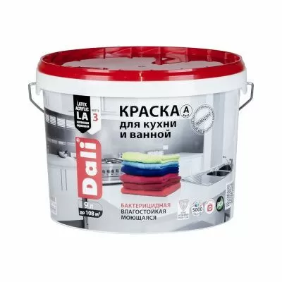 Краска для кухни и ванной, акриловая, моющаяся, глубокоматовая, Dali база А 9 л